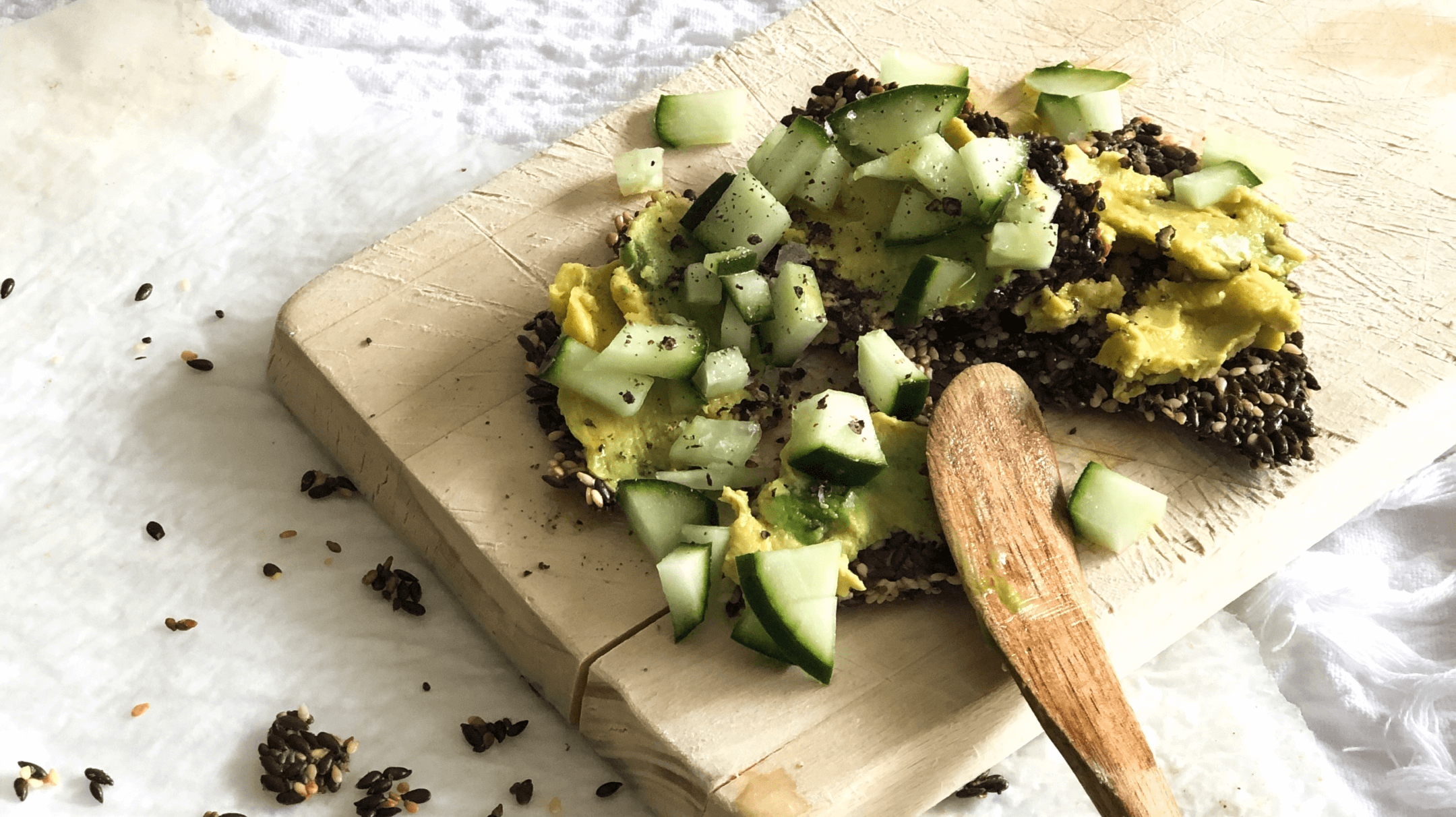 Crispy Flax Seed & Sesame Crackers with Avo & Cucumber Salsa