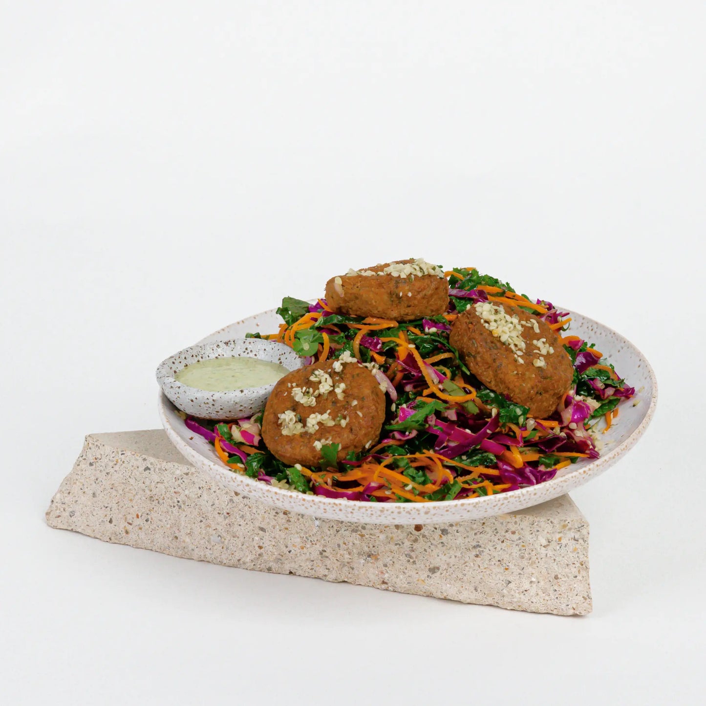 Sesame Falafel with Hemp Seed Slaw and Herbed Dipping Sauce